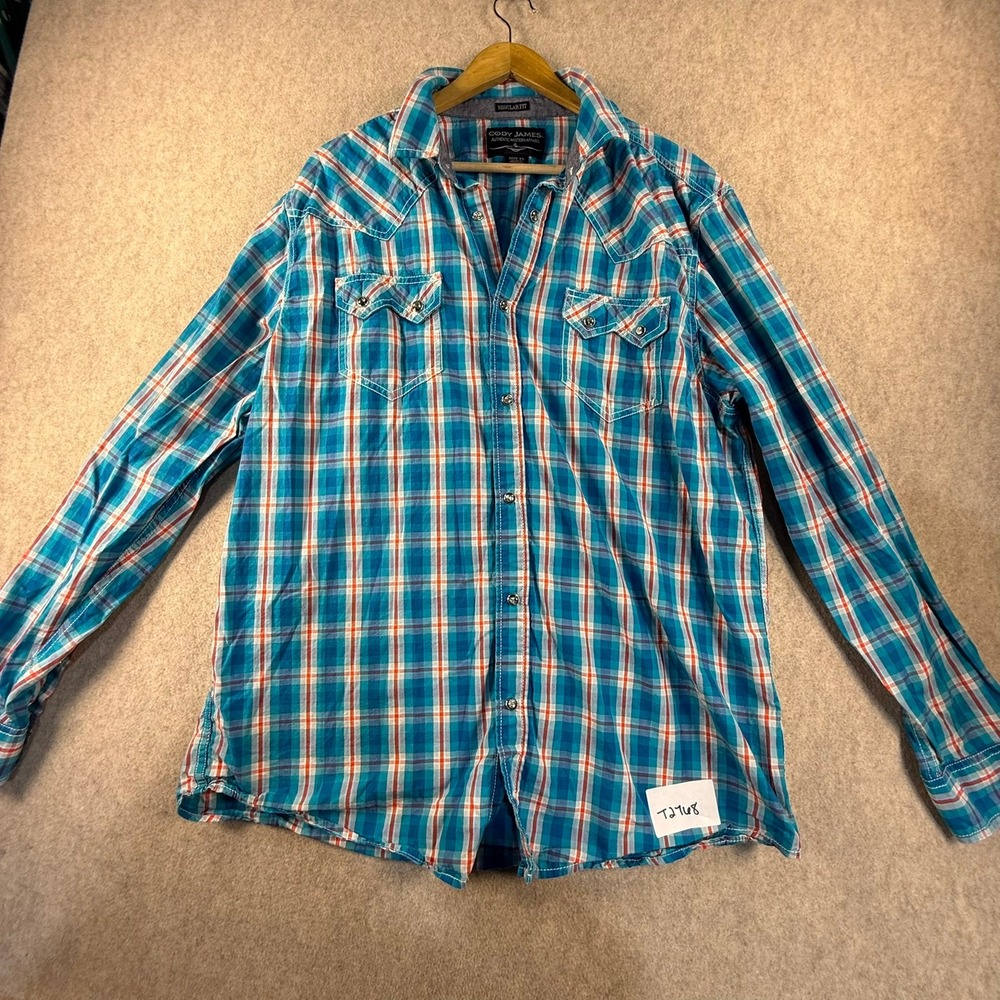 Cody James Mens XL Western Plaid Snap Button Long Sleeve Shirt Blue Orange